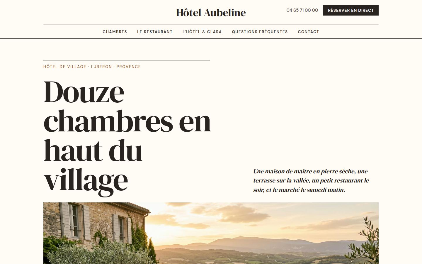 Page d'accueil du site de Hôtel Aubeline, style Éditorial