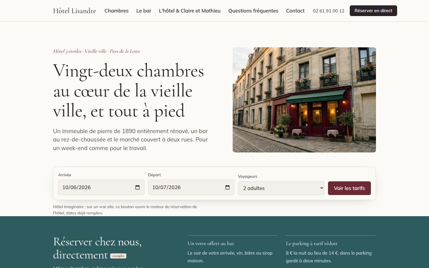 Page d'accueil du site de l'Hôtel Lisandre, style Classique